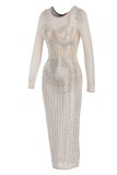 Svart Silver Mode Sexigt Patchwork Hot Drilling Genomskinlig O-hals långärmade klänningar