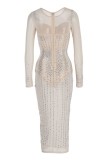 Mode blanche Sexy Patchwork Hot Drilling See-through O Neck Robes à manches longues