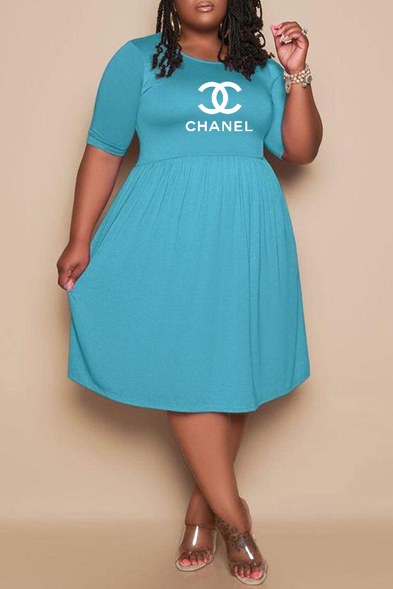 

Light Blue Fashion Casual Print Letter O Neck A Line Plus Size Dresses