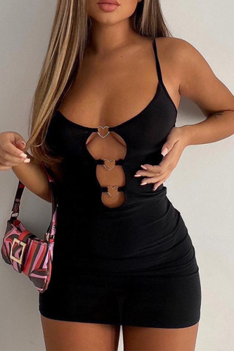 Black Sexy Solid Patchwork Spaghetti Strap Pencil Skirt Dresses