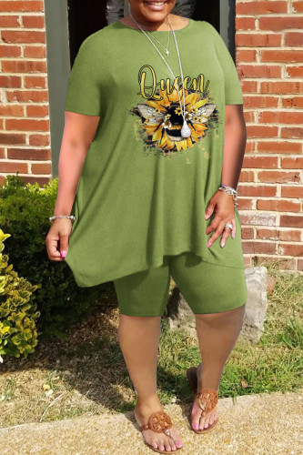 Green Casual Print Patchwork O Neck Plus Size Two Pieces
