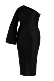 Mode noire Sexy solide évidé dos nu Oblique col à manches longues robes de grande taille