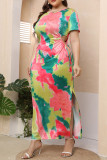 Pink Green Casual Print Hollowed Out Patchwork Slit O Neck Straight Plus Size Dresses