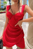 Vestidos de falda lápiz con cuello cuadrado y patchwork liso sexy rojo
