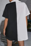 Schwarzes, lässiges, einfarbiges Hemdkleid mit Patchwork-Schnalle und Umlegekragen (ohne Gürtel)