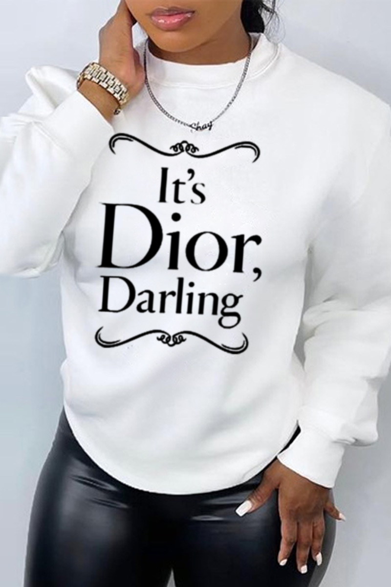 

White Fashion Street Print Split Joint Letter O Neck Tops