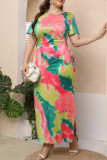 Pink Green Casual Print Hollowed Out Patchwork Slit O Neck Straight Plus Size Dresses