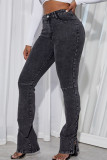 Schwarzgraue, lässige, einfarbige, gerade Patchwork-Jeans mit Schlitz und hoher Taille