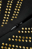 Gold Fashion Sexy Patchwork Patchwork Durchsichtiges O-Ausschnitt Langarmkleid
