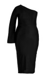 Черные модные сексуальные однотонные платья с вырезом на спине и косым воротником с длинным рукавом, платья больших размеров