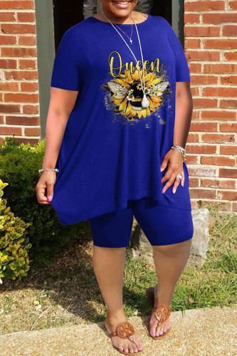 Blue Casual Print Patchwork O Neck Plus Size Two Pieces