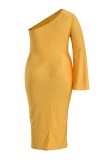 ゴールド ファッション セクシーなソリッド中空バックレス斜め襟ロング スリーブ プラス サイズのドレス