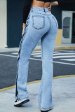 Babyblauwe casual straat effen patchwork rechte denim jeans met gesp en hoge taille
