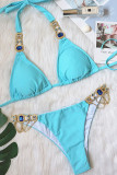 Sky Blue Sexy Solid Patchwork Hot Drill Swimwears
