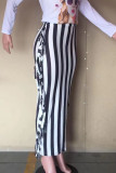 Nero Bianco Moda Stampa a righe Nappa Patchwork Vita alta regolare Matita Pantaloni con stampa completa
