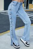 Babyblauwe casual straat effen patchwork rechte denim jeans met gesp en hoge taille