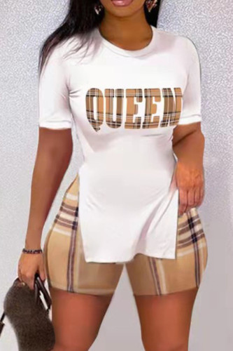 Khaki Casual Print Patchwork Slit O Neck Short Sleeve Two Pieces