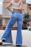 Jeans de mezclilla regular de cintura alta con abertura rasgada sólida casual de moda azul