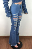 Baby Blue Fashion Casual Solid High Waist Regular Distressed Ripped Denim Jeans
