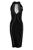 Zwarte sexy hete boren uitgeholde doorschijnende rugloze halve coltrui mouwloze jurk