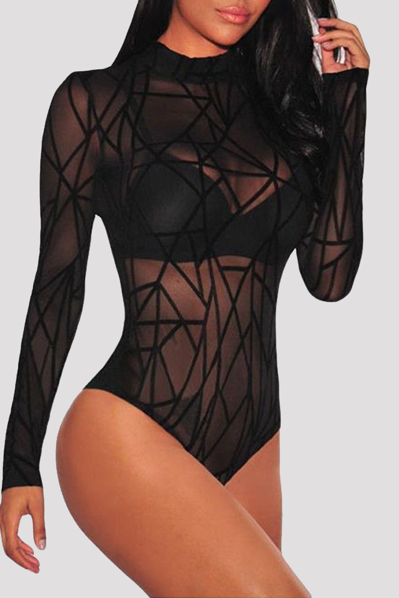 

Black Fashion Sexy Patchwork See-through Half A Turtleneck Skinny Romper