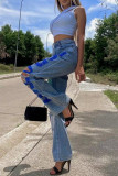 Jeans jeans azul moda casual estampa rasgada cintura alta reta