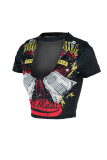 Black Sexy Print Hollowed Out Patchwork V Neck T-Shirts