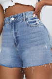 Babyblått Mode Casual Solid Slit Hög midja Raka jeansshorts