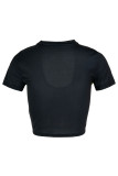 Camisetas con cuello en V y patchwork ahuecado con estampado sexy negro