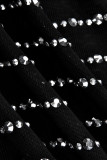 Negro Plata Moda Sexy Patchwork Perforación en caliente O cuello transparente Vestidos de manga larga