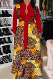 Gele mode casual print patchwork turndown kraag lange mouwen jurken