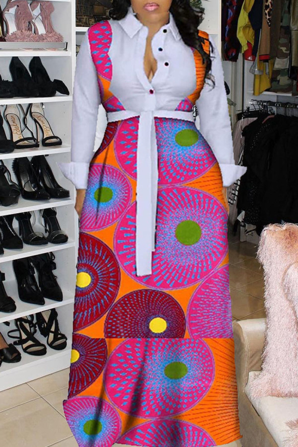 Rozerode mode casual print patchwork kraag met lange mouwen jurken