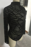 Mameluco flaco de cuello alto transparente de patchwork sexy de moda negro