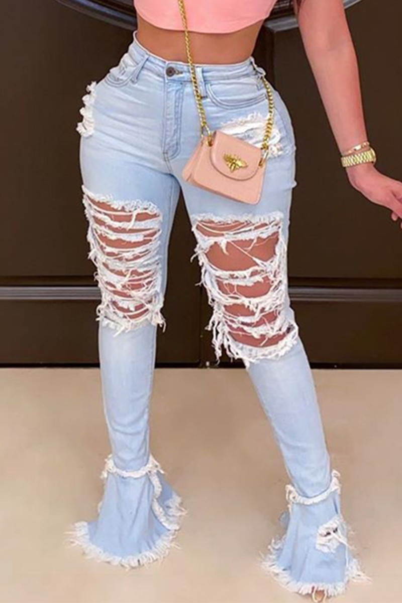 

Light Blue Fashion Casual Solid Ripped High Waist Boot Cut Denim Jeans