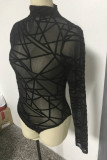 Macacão skinny preto fashion sexy patchwork transparente meia gola alta