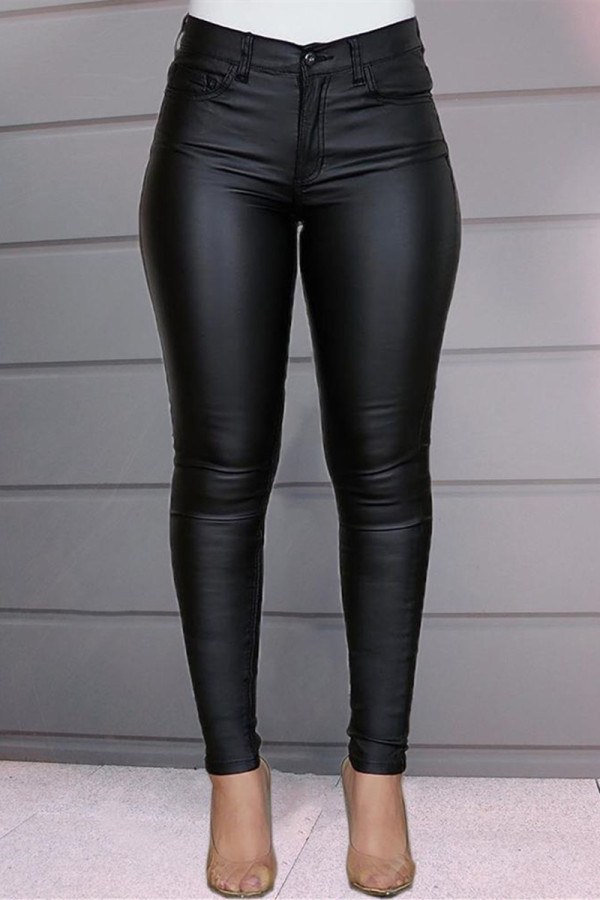 Pantalones lápiz de cintura alta flacos básicos sólidos casuales de moda negro