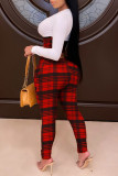 Red Fashion Casual Plaid Print Patchwork O Neck Long Sleeve Two Pieces