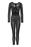Black Fashion Sexy Patchwork Hot Drilling See-through O Neck Skinny Jumpsuits