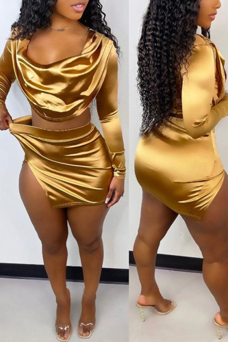 Gold Sexy Solid Split Joint Slit Fold U Neck Long Sleeve Two Pieces