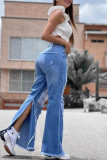 Синие модные повседневные однотонные джинсовые джинсы с высокой талией и рваными разрезами