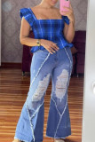 Blauwe mode casual effen gescheurde split hoge taille regular denim jeans