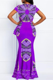 Фиолетовое модное повседневное платье в стиле пэчворк с круглым вырезом и короткими рукавами