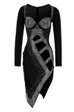 Black Sexy Hot Drilling Hollowed Out Slit Square Collar Long Sleeve Dresses