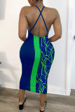 Vestido sem mangas verde moda sexy estampado sem costas alça de espaguete