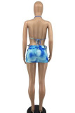 Pink Sexy Print Tie Dye Patchwork Frenulum Backless Halter Sleeveless Two Pieces