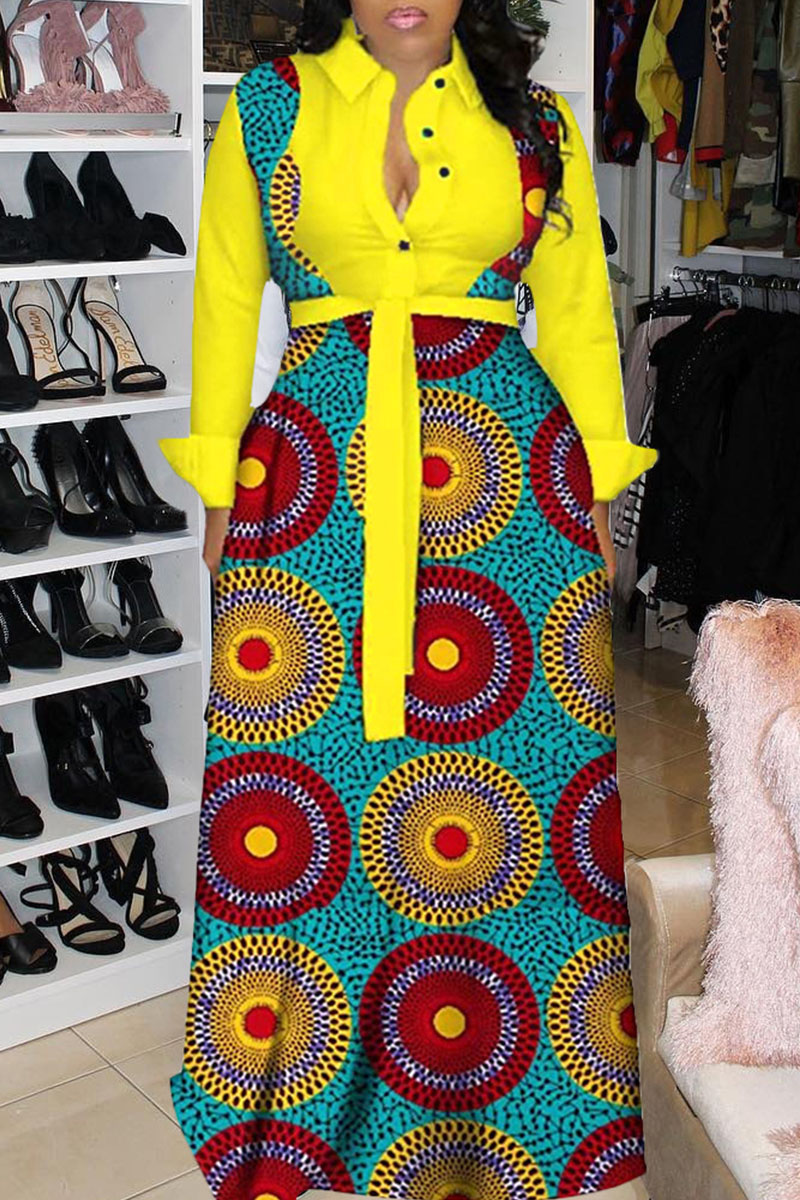 

Yellow Fashion Casual Print Split Joint Turndown Collar Long Sleeve Dresses