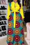 Gele mode casual print patchwork turndown kraag lange mouwen jurken