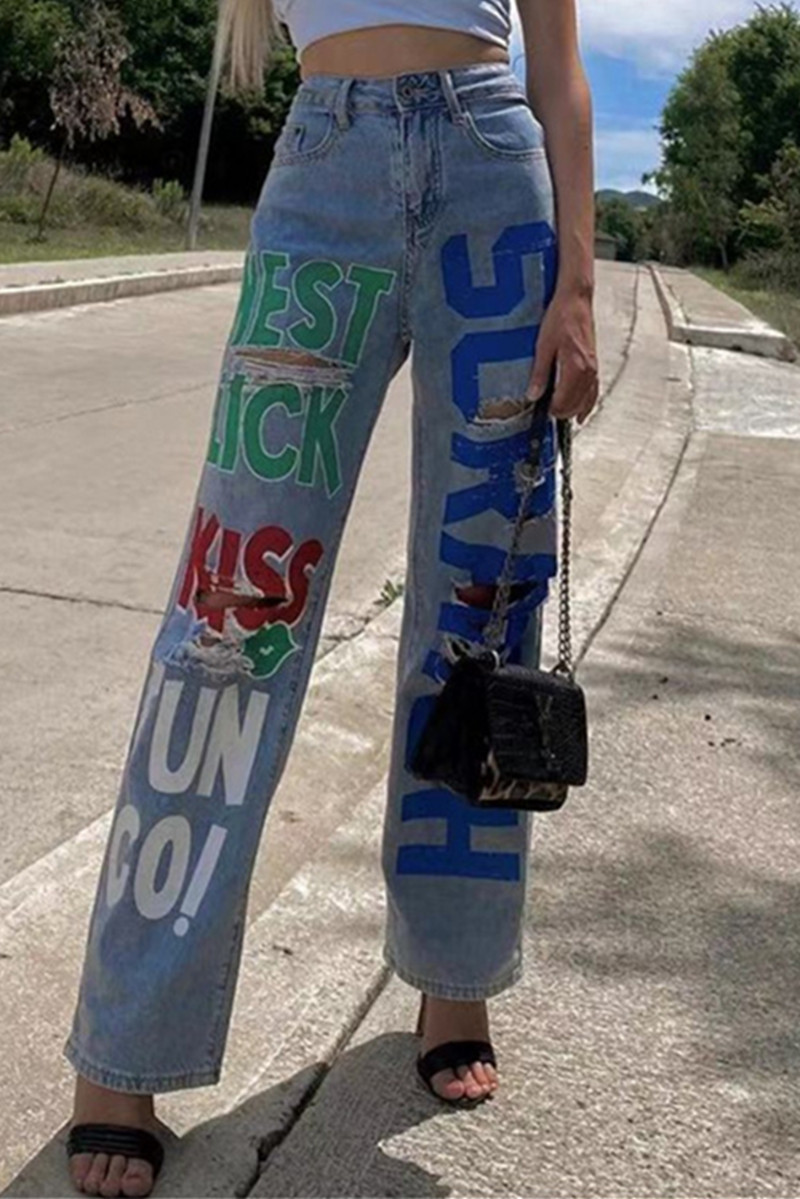 

Blue Fashion Casual Print Ripped High Waist Straight Denim Jeans