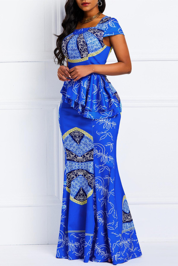 Blauwe mode casual print patchwork O-hals jurk met korte mouwen