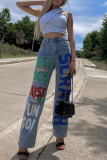 Jeans in denim dritto a vita alta strappati con stampa casual blu alla moda